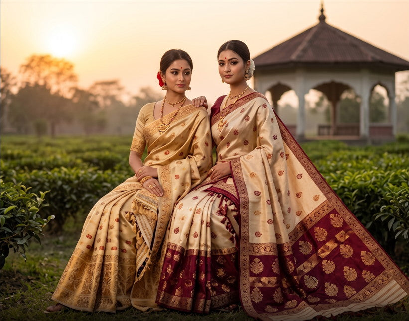Two women in Assamese Mekhela Sador in a tea garden